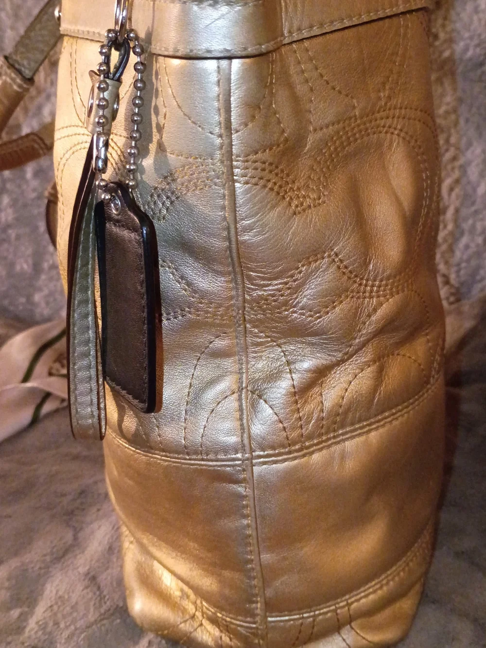 Coach Metallic Gold SIGNATURE STRIPE stitch Leather Tote Bag with Charm
